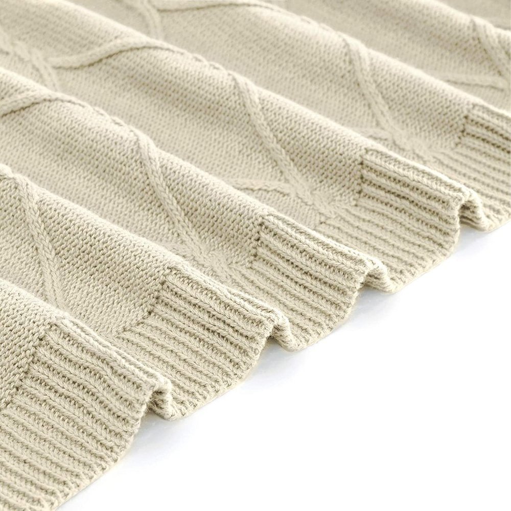 Luxury Cotton Knitted Cable Throw Blanket Cream - Picture 2 of 7